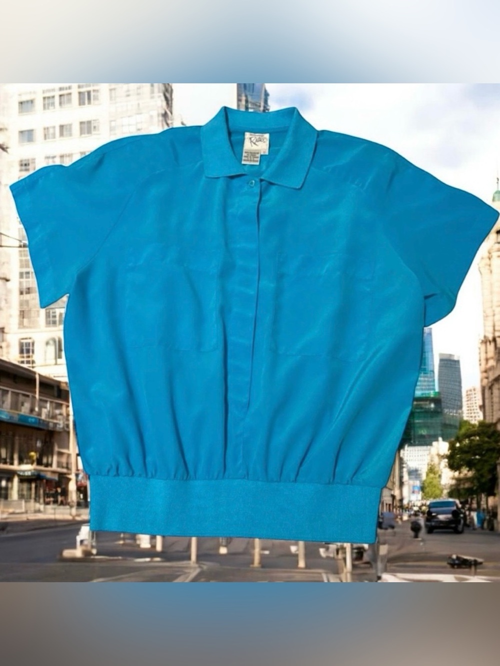 1980’s‎ Short Sleeved Lightweight Slinky Blouse in Turquoise, by RATIO, M/L